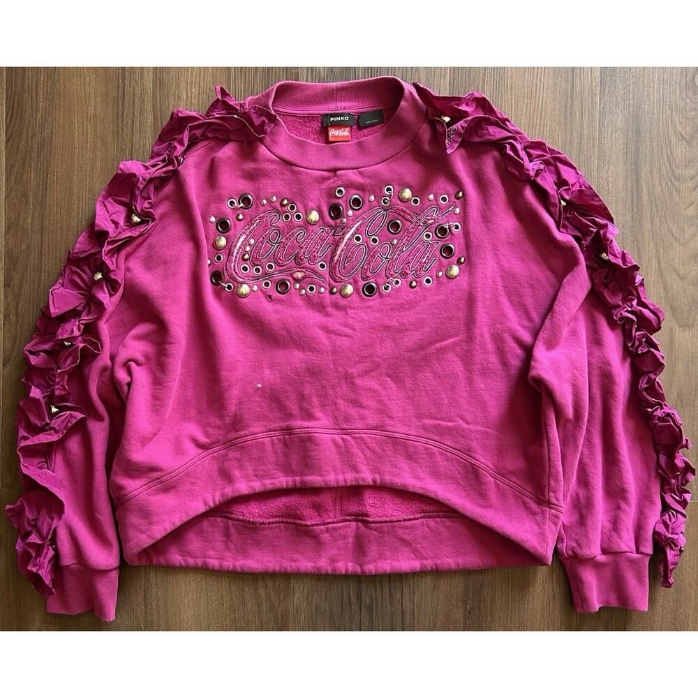 PINKO x Coca-Cola Fuchsia Ruffle Sweatshirt Jewel Logo Limited Edition Crop Sz L